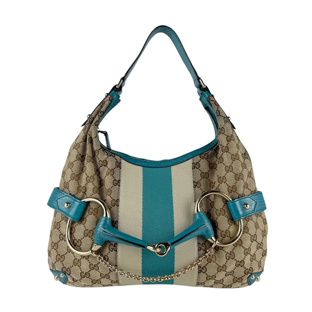 Gucci Horsebit GG Canvas Leather Shoulder Bag Beige Blue